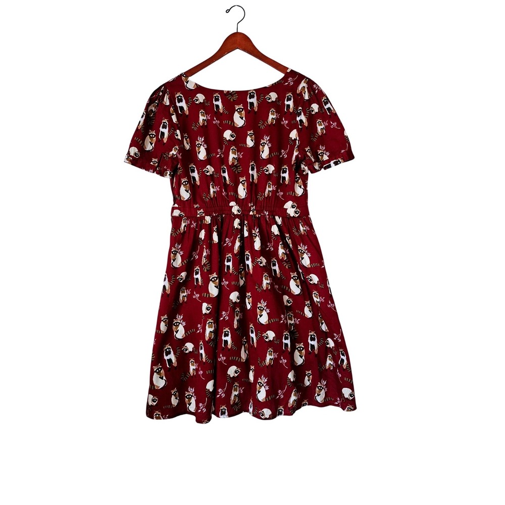 ModCloth Raccoon Print A-Line Dress Sz L Burgundy Cotton Quirky Retro Whimsical
